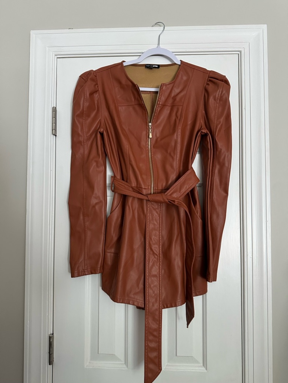 Fashion Nova Rust Faux Leather Belted Jumpsuit